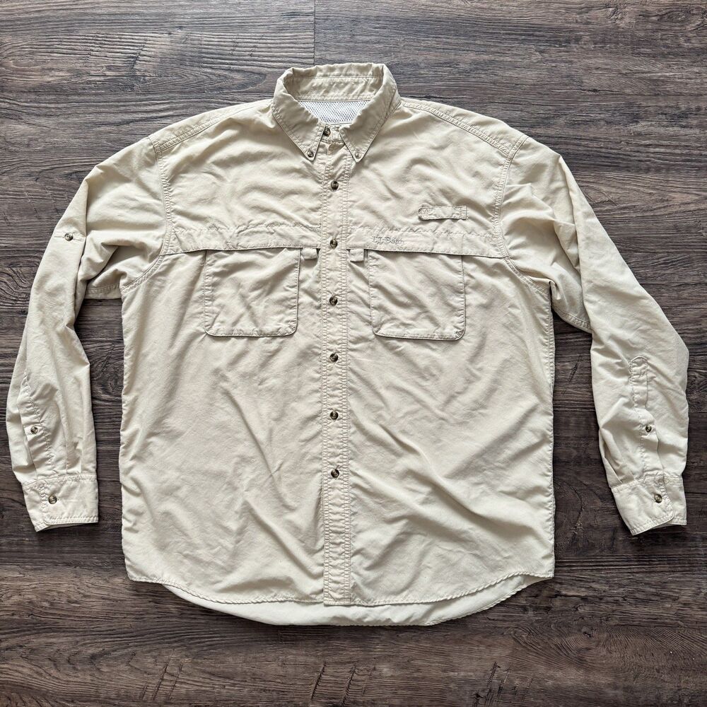 LL Bean Shirt Adult Large Tan Fishing Hiking Button Up Long Sleeve Nylon Vent
